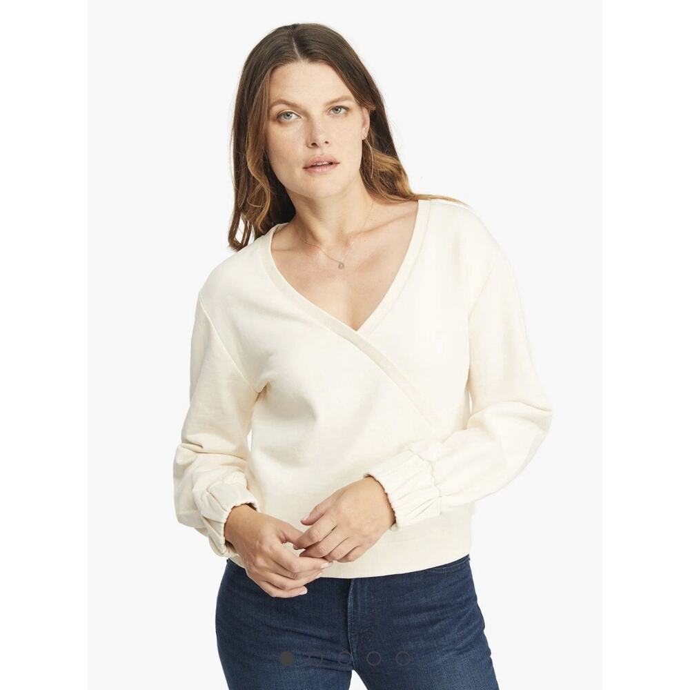 ABLE Tracy Wrap Small Sweatshirt Top in Antique White V Neck Long Sleeve